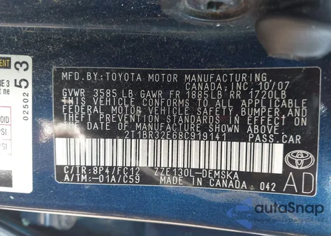 2008 Toyota Corolla S from USA, damaged, VIN 2T1BR32E68C919141